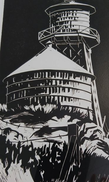 SUNSET BEACH WATER TOWER NEWLAND CENTER BILL ANDERSON PAINTER ARTIST HUNTINGTON BEACH LINOLEUM BLOCK