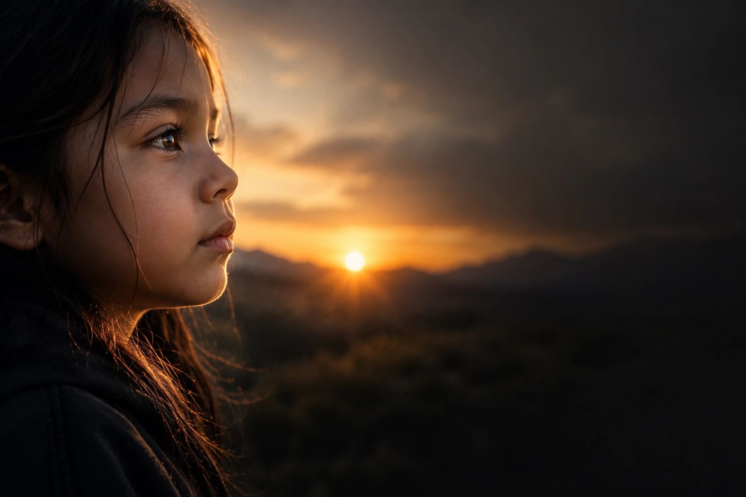 A girl gazes at the sunset with a thoughtful expression.