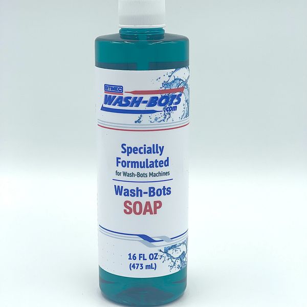 Bottle of specially formulated Wash-Bots soap for Wash-Bots machines, 16 fl oz.