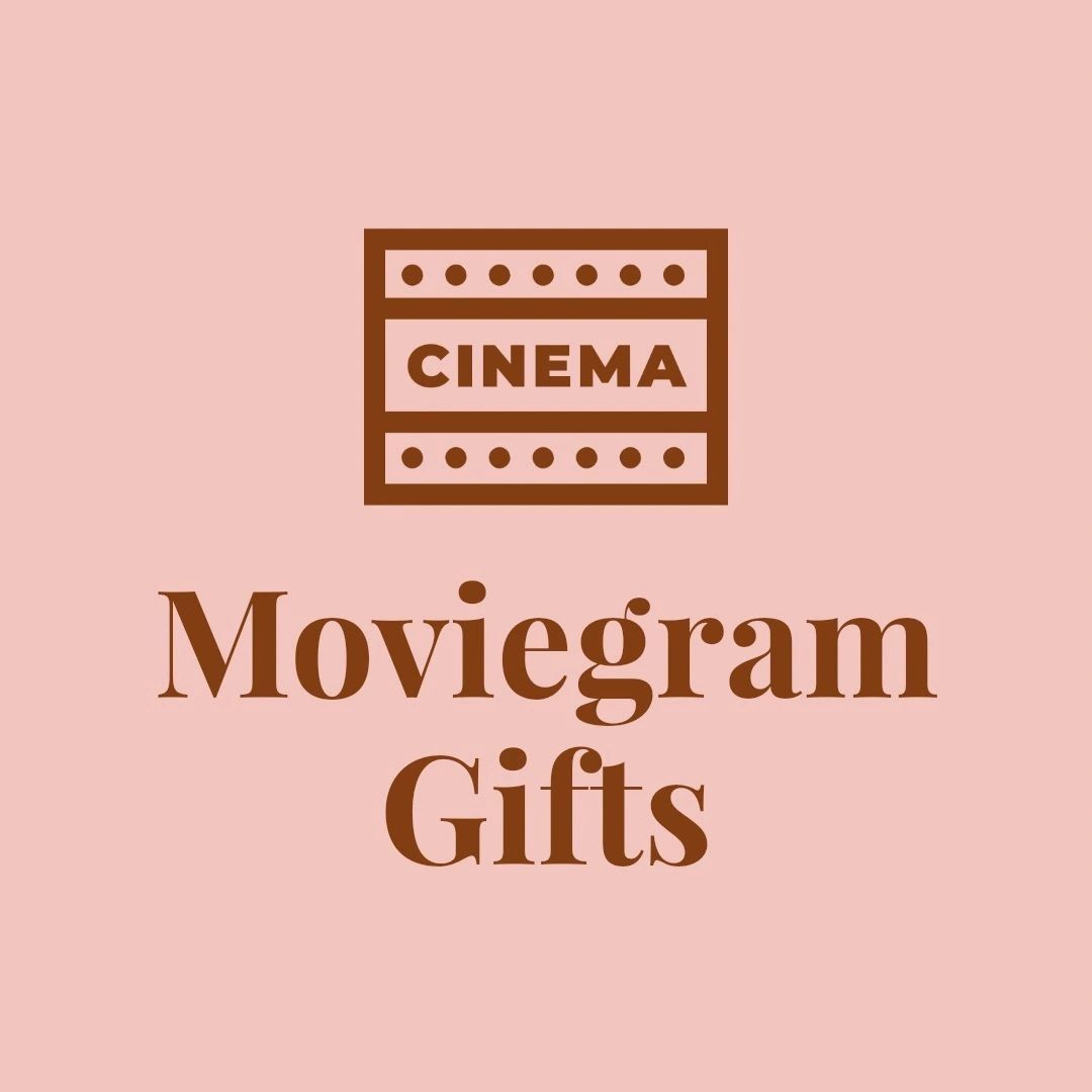 Logo for Moviegram Gifts with a cinema theme on a pink background.