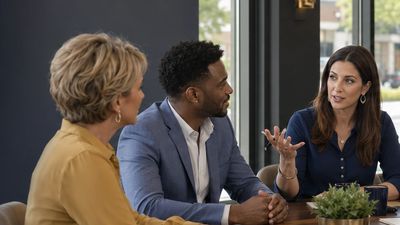 Three professionals engaged in a discussion in an office.