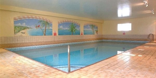 Indoor swimming pool with tropical murals on the walls.