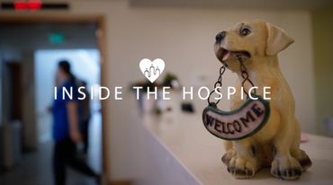 Toy dog with Welcome sign on hospice ward