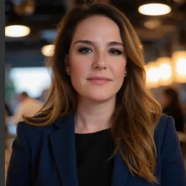 Professional woman with long hair in a navy blazer in a softly lit indoor setting.