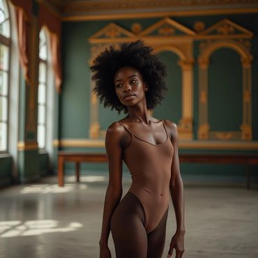 Elegant dancer in a brown leotard poses gracefully in a vintage room.