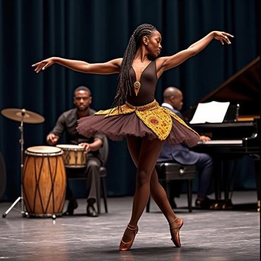 Ballerina striking a graceful pose with live musicians in the background.