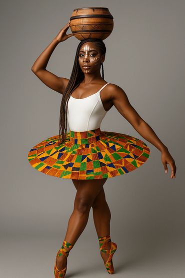 Ballerina in traditional African attire balancing a pot on her head.