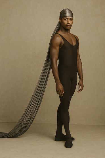 A man in black ballet attire with a long flowing headwrap stands confidently.