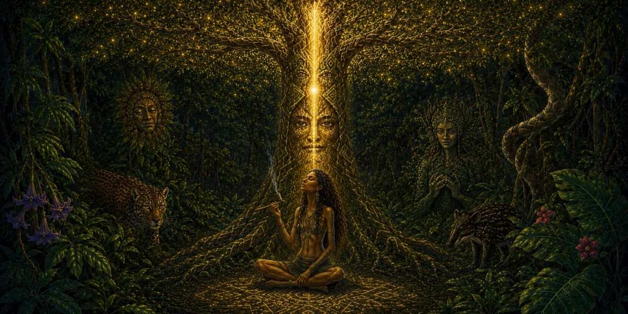 A mystical woman meditates under a glowing tree spirit in a magical forest.