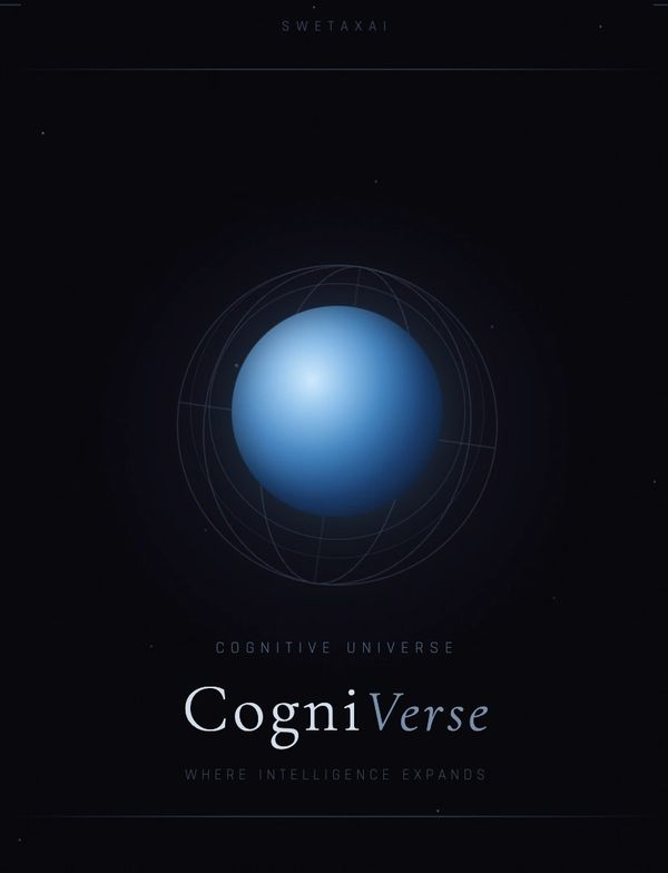 A glowing blue sphere with text promoting CogniVerse, a cognitive universe where intelligence expands.