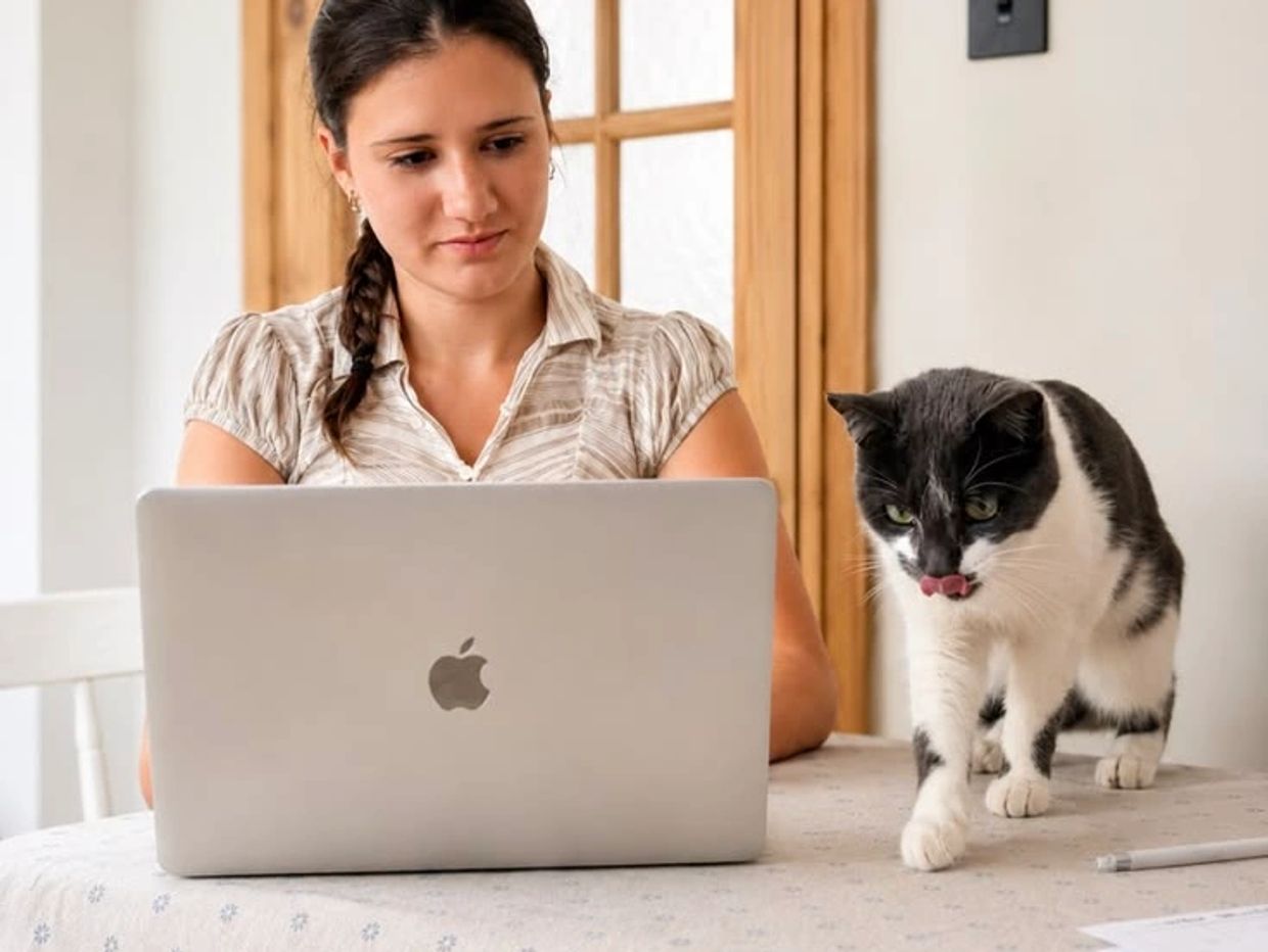 Woman working on a laptop with a cat walking nearby on the table.
