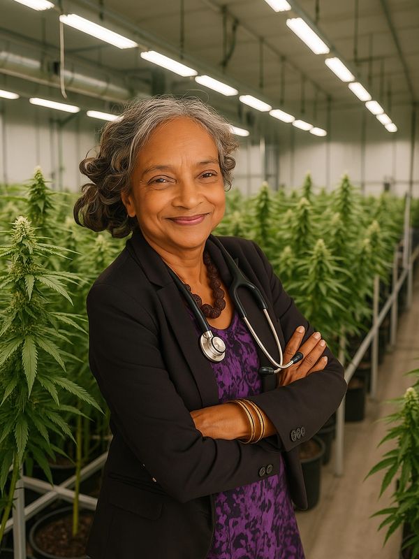 Dr. Vasu Brown posing inside of a marijuana grow house.