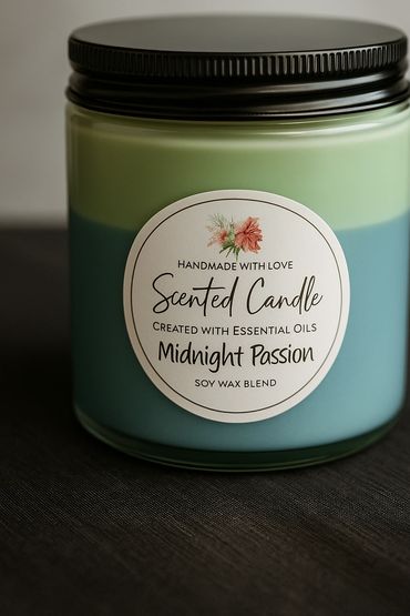 Midnight Passion an elegant soy candle infused with essential oils for a calm and captivating vibe.