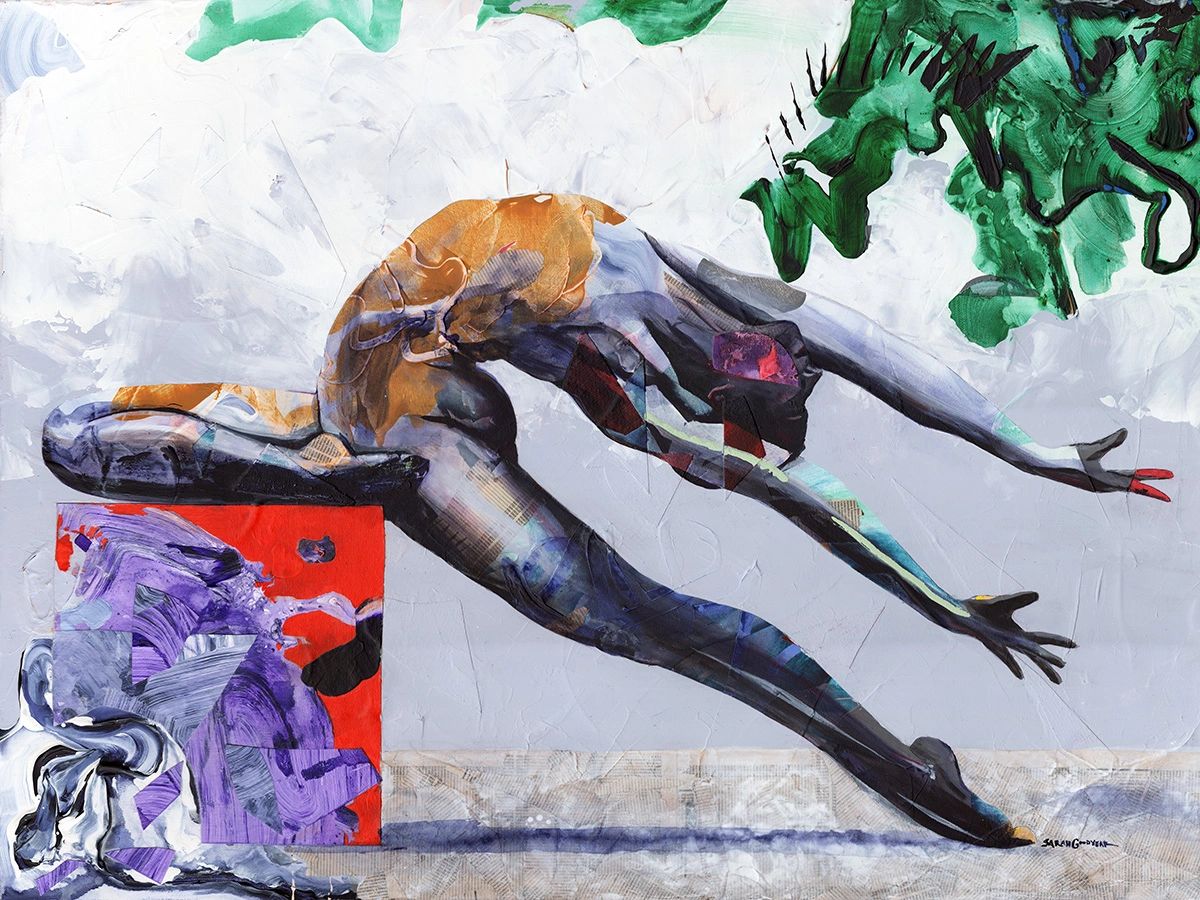 Acrylic painting of a contortionist posing dramatically on a spilling block.