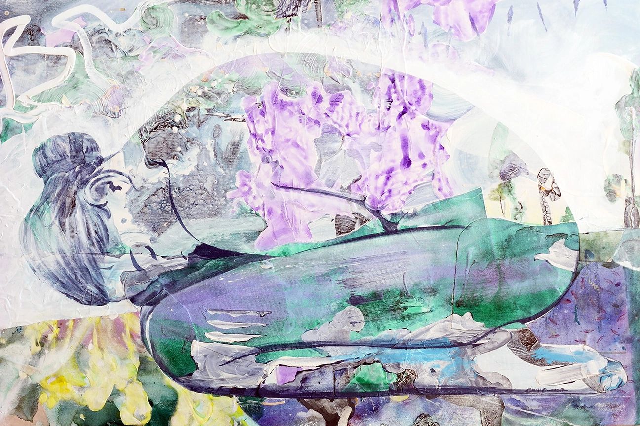 Abstract painting with green and purple hues.