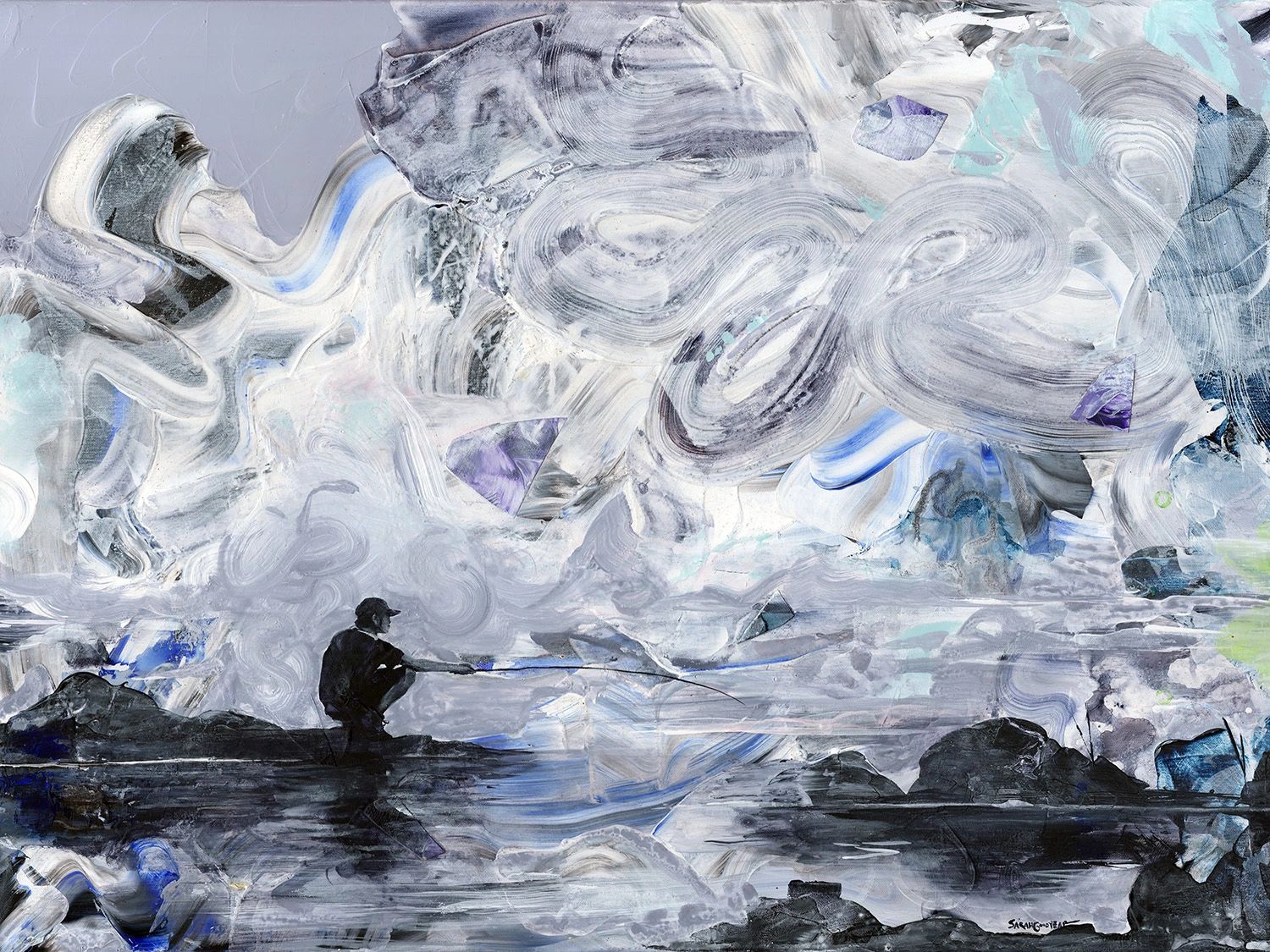 An acrylic painting of a man fishing with a stick on Mount Rinjani, Indonesia.