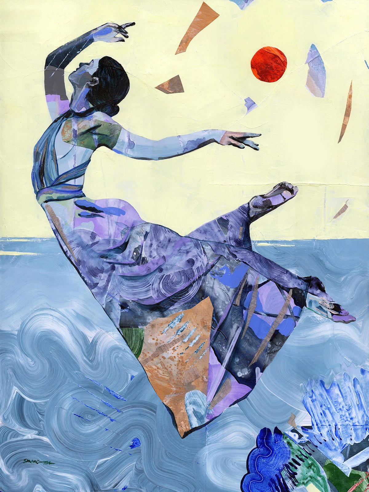 Expressive acrylic painting of a woman in a dress leaping into the air in front of water.