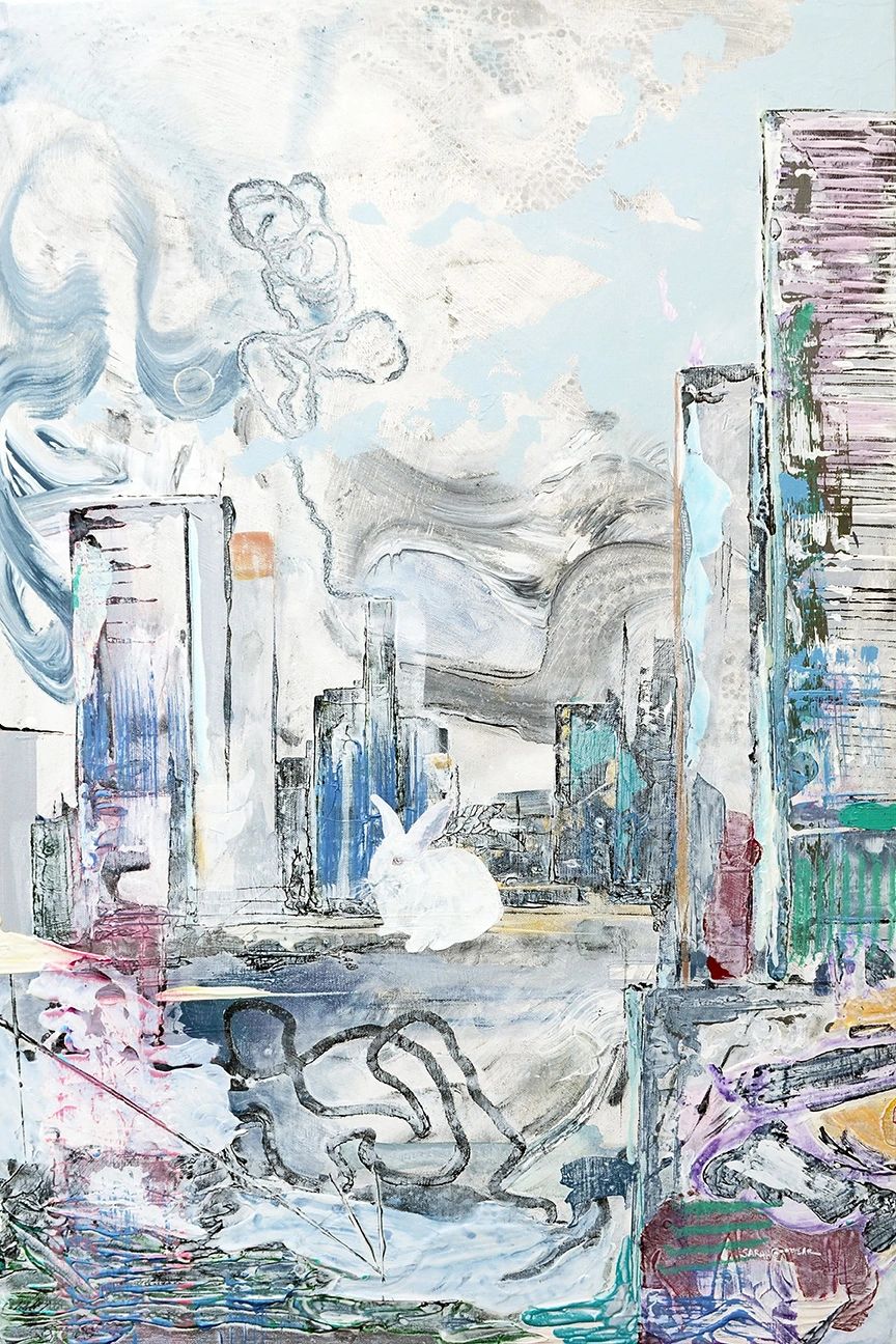Abstract cityscape with a white rabbit and swirling patterns.