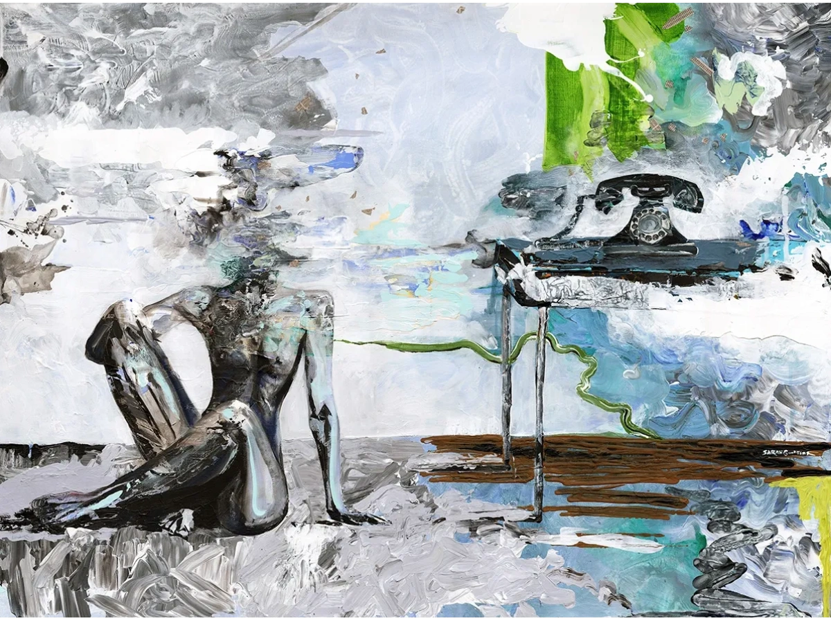 Expressive acrylic painting of a woman waiting by the phone.