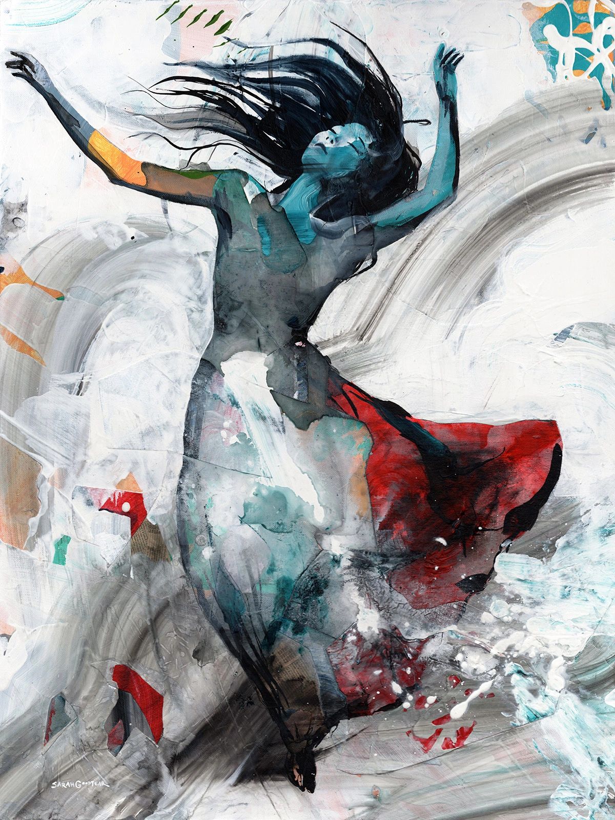 Expressive acrylic painting of an Asian woman in a dress dancing.