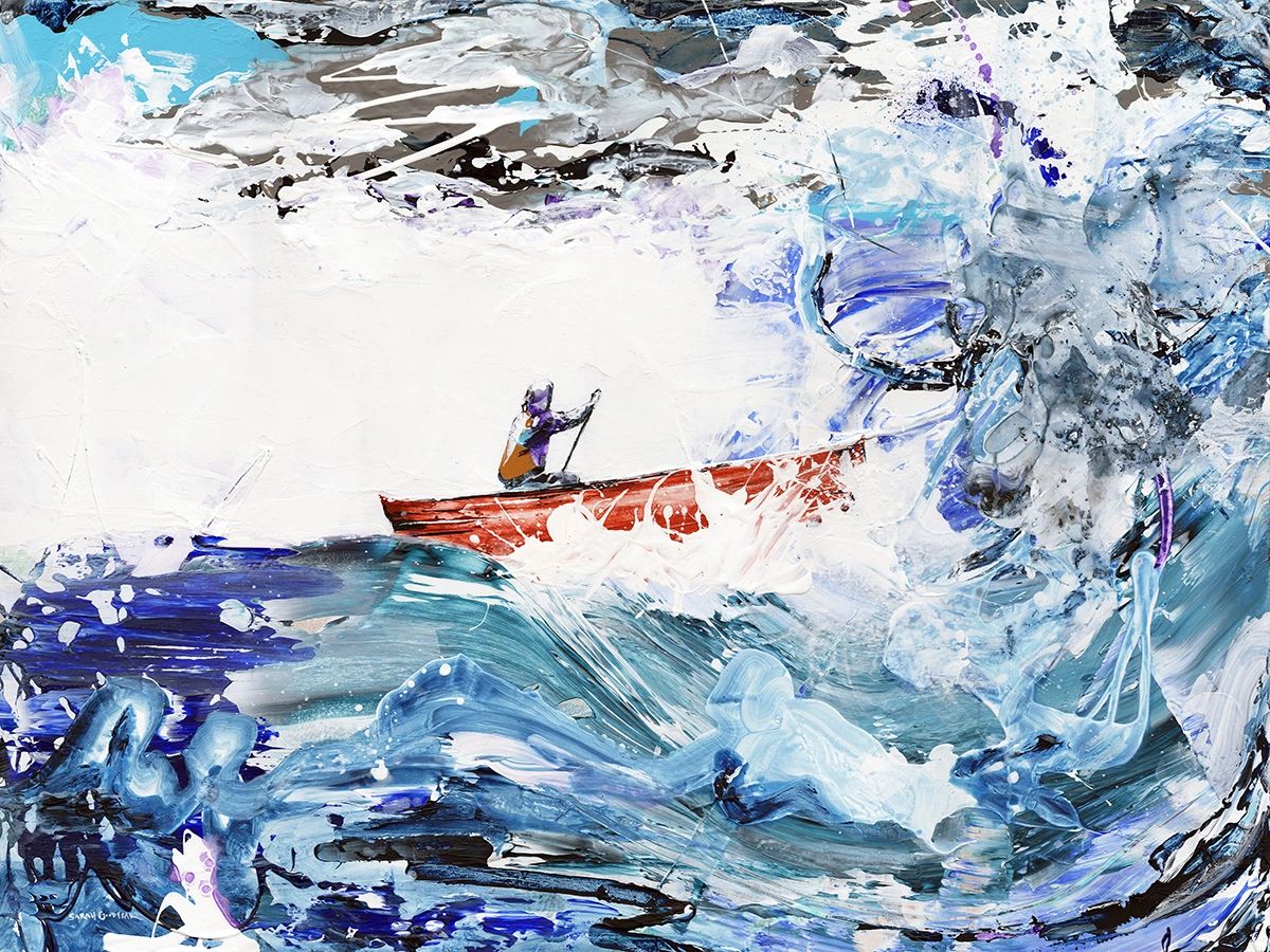 Expressive acrylic painting of a boater battling the waves. 