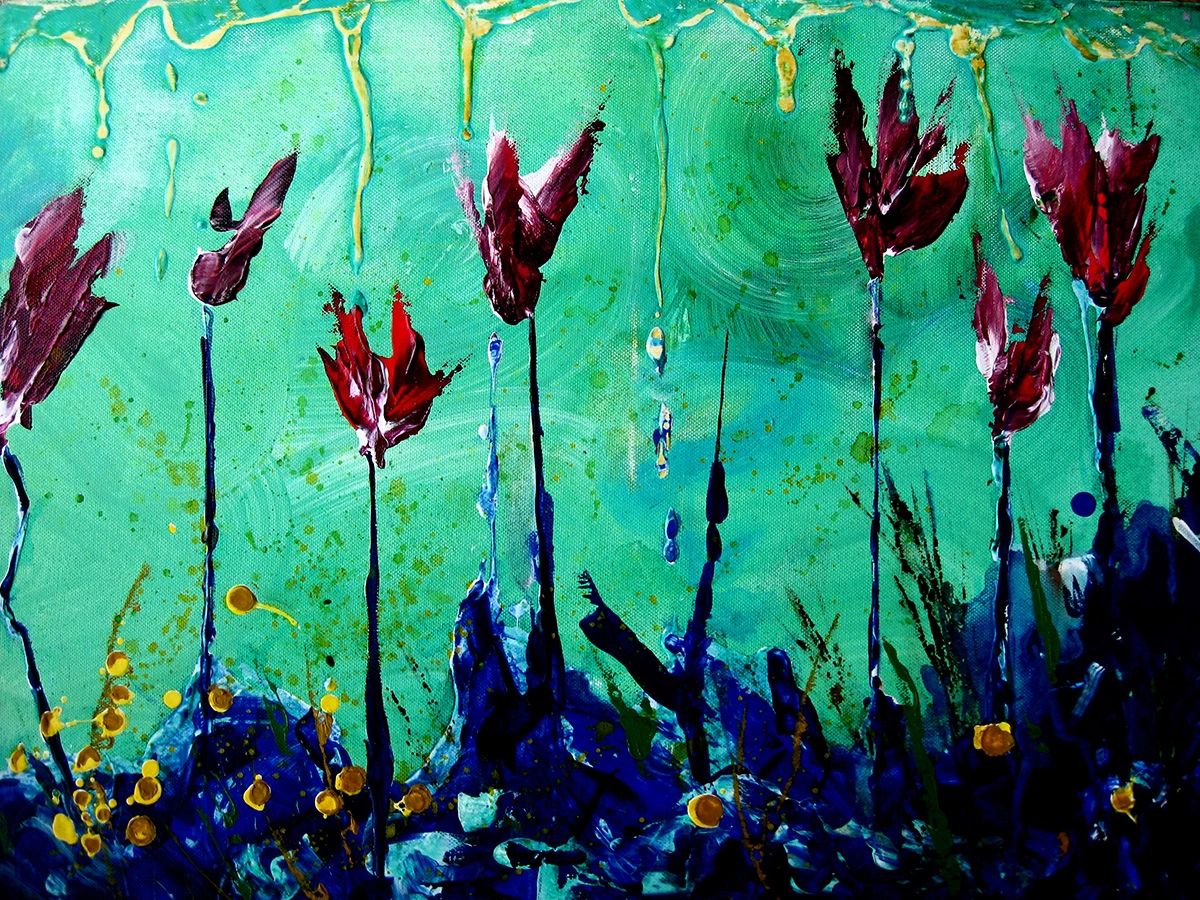 Expressive acrylic painting of some red flowers on a teal background.
