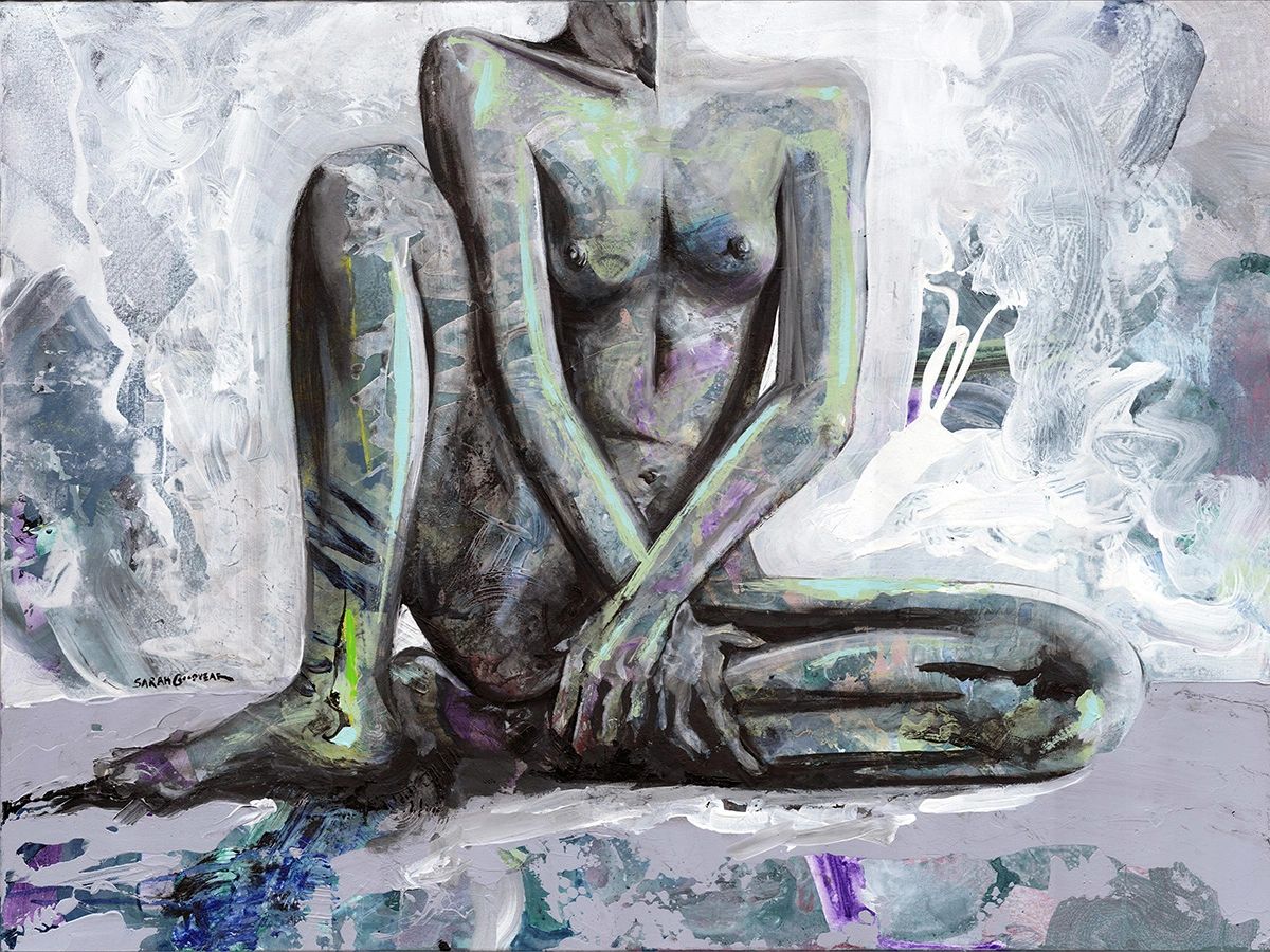 Expressive acrylic painting of a nude woman being resilient.