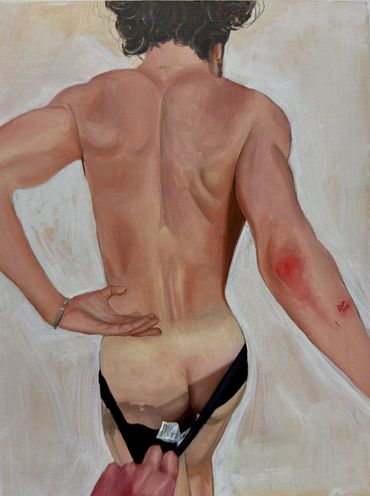 Painting of a person from behind, with a hand pulling their underwear.