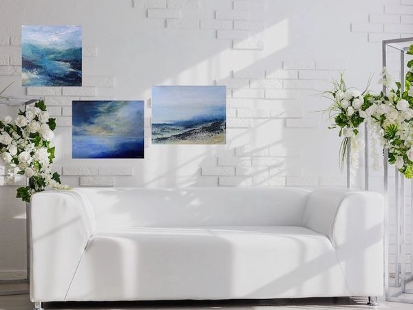3 original paintings by Aniela Jones in a white minimalist style room