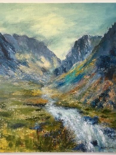 Landscape painting valley Snowdonia National Park Wales Aniela Jones River Waterfall Mountains