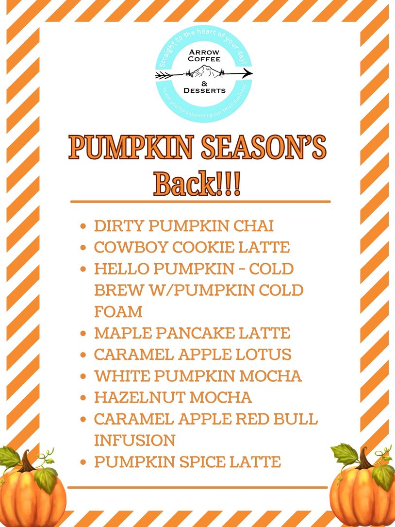 Pumpkin season drinks menu from Arrow Coffee & Desserts.