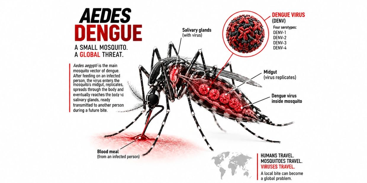 Aedes aegypti mosquito spreading the dengue virus, a global health threat.