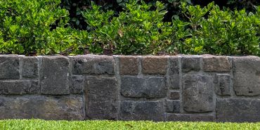 A stone retaining wall with green bushes and lush grass in front.