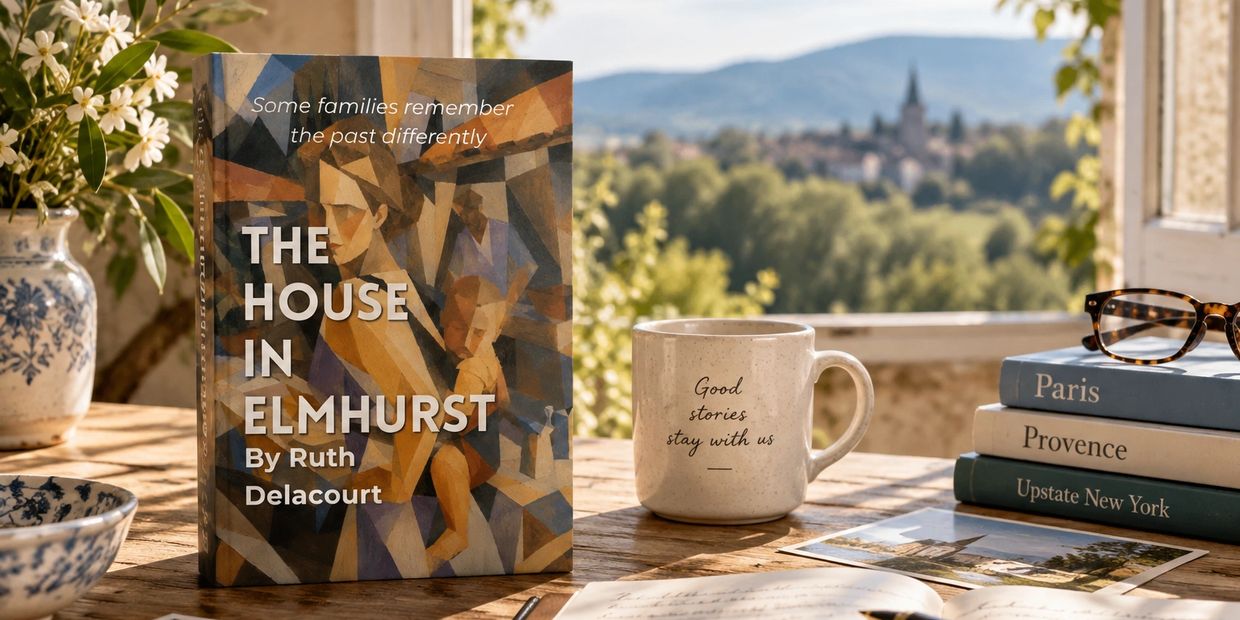 Book, coffee mug, and travel books on a wooden table by a window. The writing desk of indie author Ruth Delacourt as she explains her self publishing tips and tricks