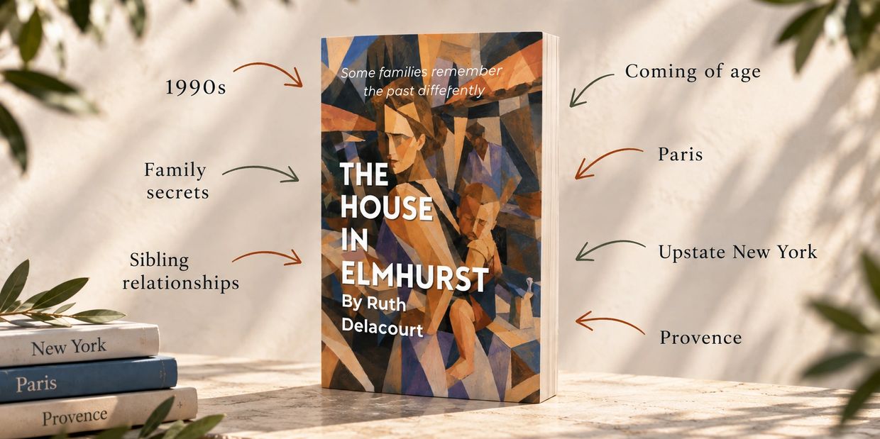 Book cover of The House in Elmhurst by Ruth Delacourt with themes and settings including family secrets, sibling relationships, coming of age, Paris, upstate New York and Provence