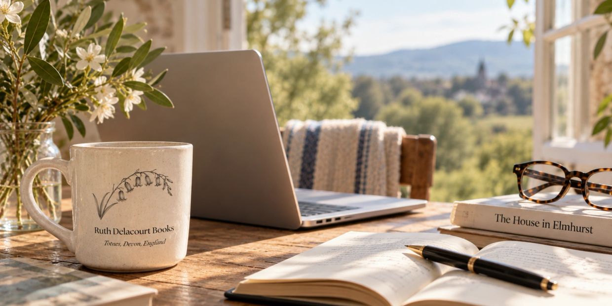 Cozy rustic workspace with a laptop, books, and a coffee mug.