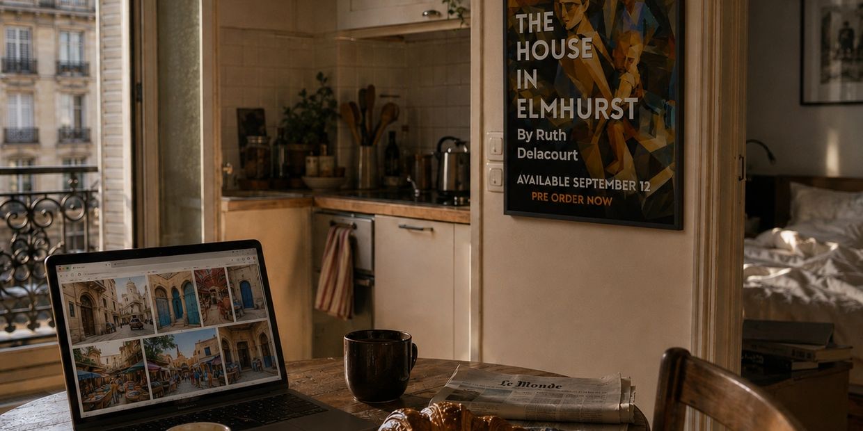 Cozy kitchen workspace with laptop, croissants, and newspaper.