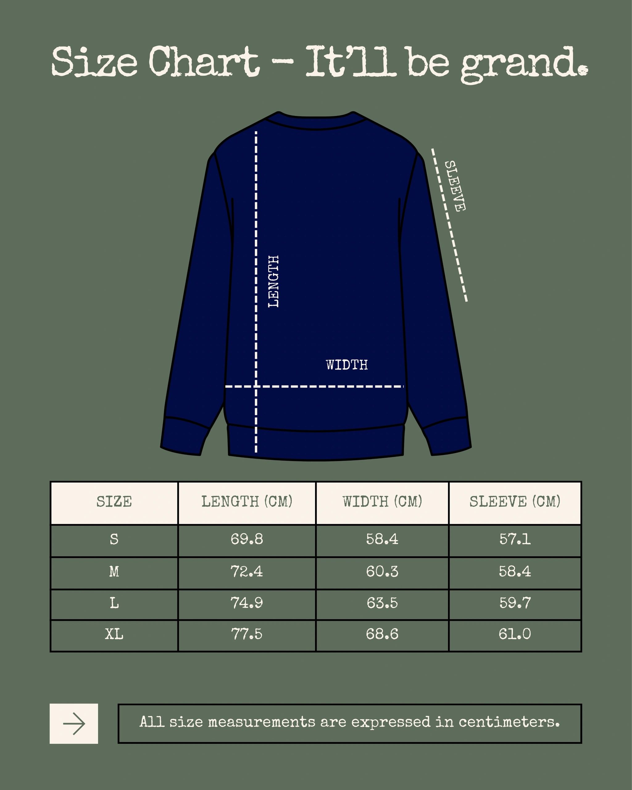 Sweatshirt size chart with length, width, and sleeve measurements in centimeters.