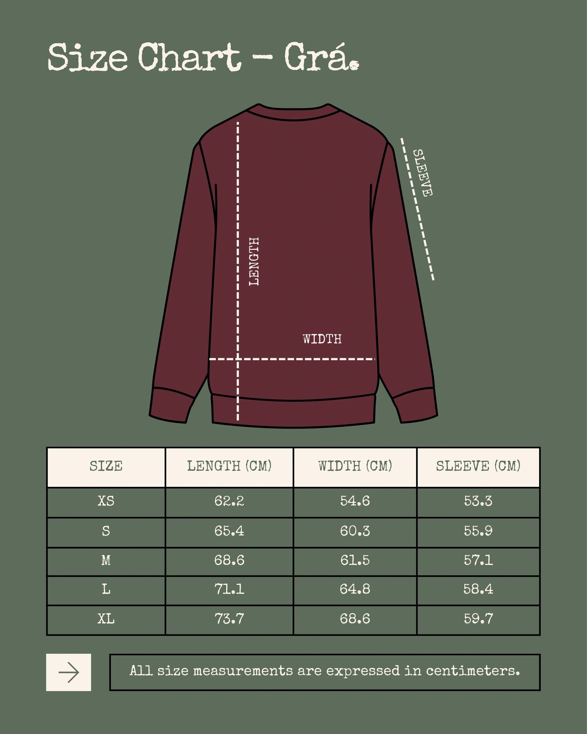 Sweatshirt size chart with length, width, and sleeve measurements in centimeters.