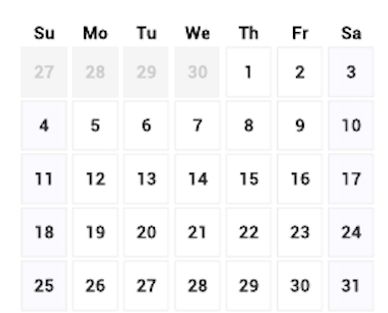 Calendar grid for a month starting on Thursday, ending on Saturday the 31st.