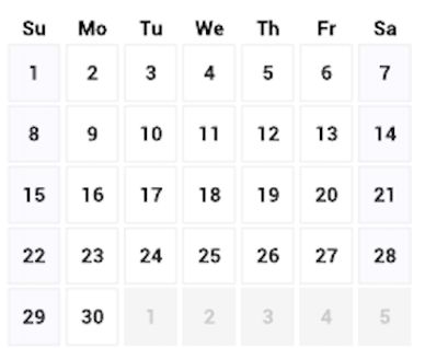 Calendar grid showing dates 1 to 30 starting on Sunday.
