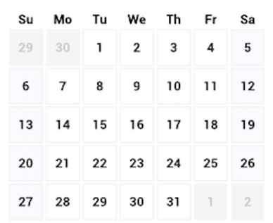 A monthly calendar grid starting on Tuesday 1 and ending with Wednesday 31.