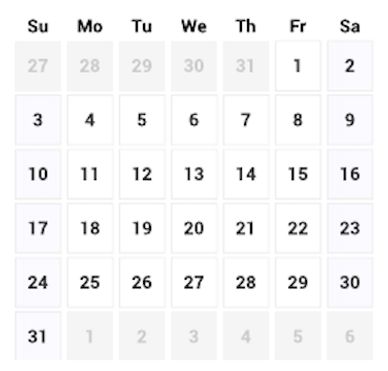 A calendar showing days from Sunday to Saturday.