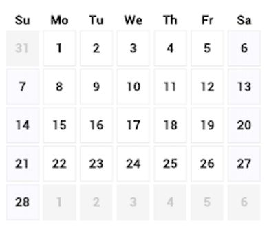 Calendar showing days from Sunday to Saturday starting at 1 and ending at 28.