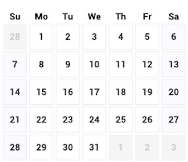 Calendar showing days from 28 to 31 starting on Monday.