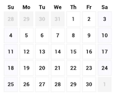 A calendar month layout showing days from Sunday to Saturday.