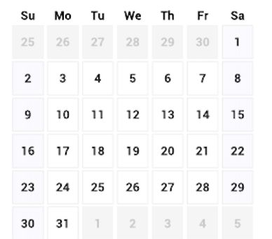 Calendar showing days and dates.