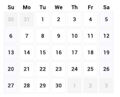 Calendar showing a month with numbered days.