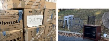 Stacked cardboard boxes labeled for donation.
