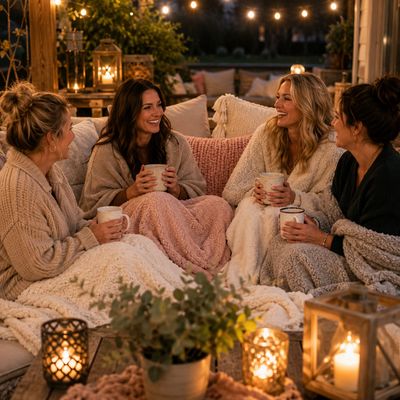 Four friends wrapped in blankets enjoying hot drinks outdoors at night.